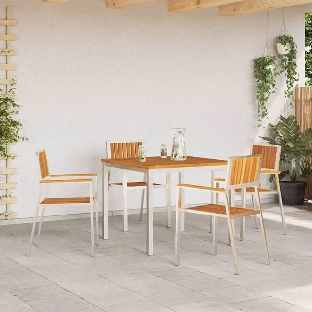 Berkfield Home Set of 4 Stackable Garden Chairs in Silver Acacia Wood and Stainless Steel – 1