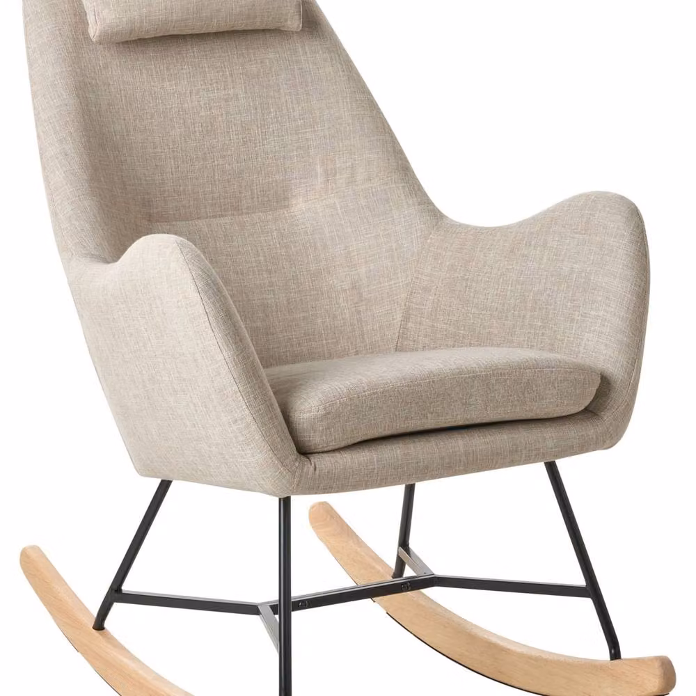 Wyld and Coco Beige Fabric Modern Rocking Chair with Rubberwood Frame and Armrests – 2