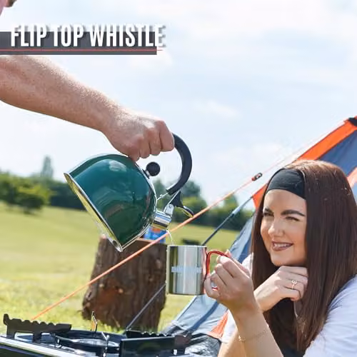 Milestone Camping 2L Whistling Enamel Camping Kettle in Green with Heat-Resistant Folding Handle – 3