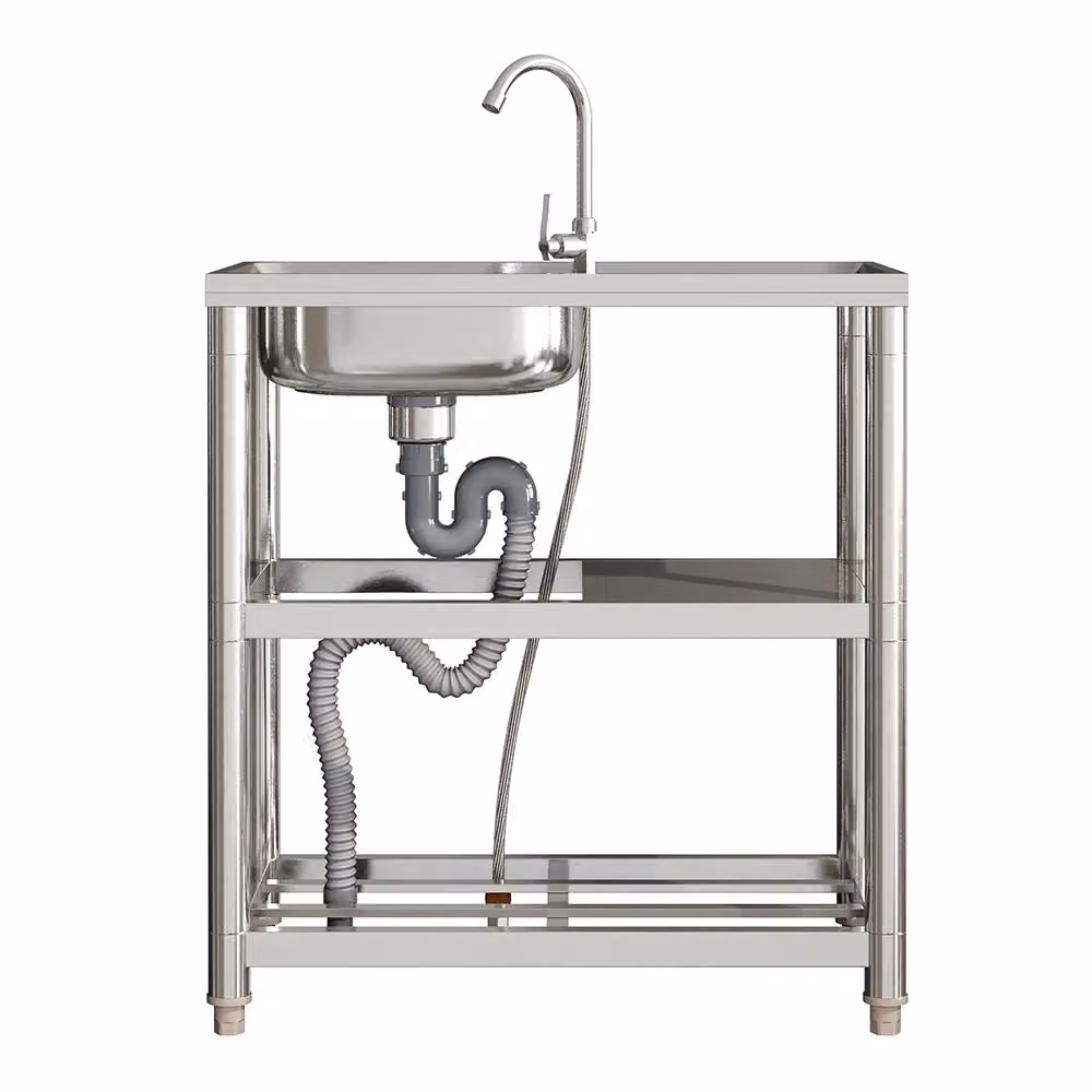 H&O Direct Stainless Steel Single Basin Sink with Shelves and Drainboard, Silver, W/D/H: 80 x 80 x 75 cm – 2