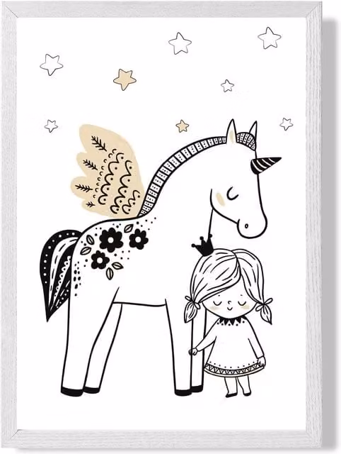 ARTZE Scandi Princess Little and Pegasus Framed Illustration in Black and White