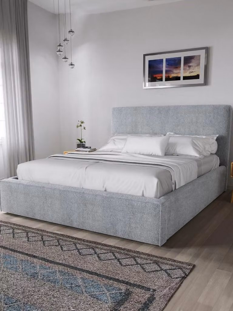 Langley Modern Upholstered Fabric Bed Frame in Grey, W/D/H: 180 x 200 x 165 cm