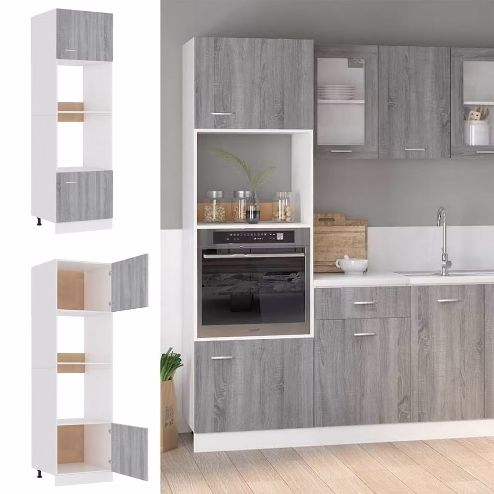 Berkfield Home Grey Sonoma Microwave Cabinet with Hinged Doors and Open Shelving, W: 60 cm, D: 57 cm, H: 207 cm – 2