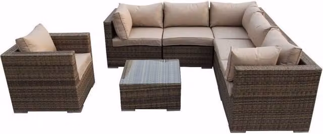 Furniture One 7 Piece Modular L-Shape Polyrattan Outdoor Garden Sofa Set with Beige and Yellow Upholstered Cushions