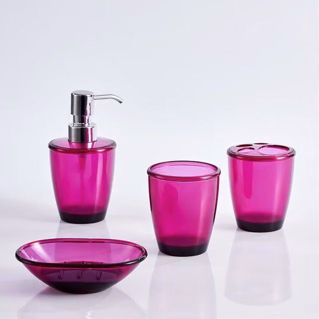 Innoteck 4 Piece Freestanding Plastic Bathroom Set in Red and Purple including Soap Dish, Tumbler, Soap Dispenser and Toothbrush Holder