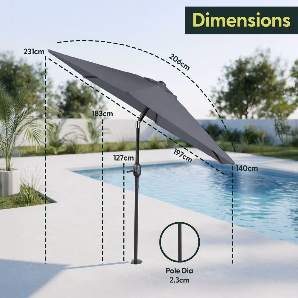 KEPLIN 2m Tilting Parasol Umbrella in Grey with UPF 50+ Polyester Canopy and Steel Frame – 9