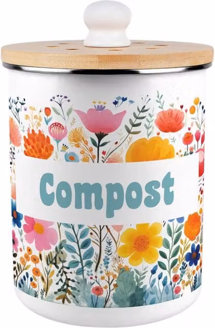 Purely Home Bright Floral Metal Compost Caddy with Flip Lid, 2L, Orange and Multicolour