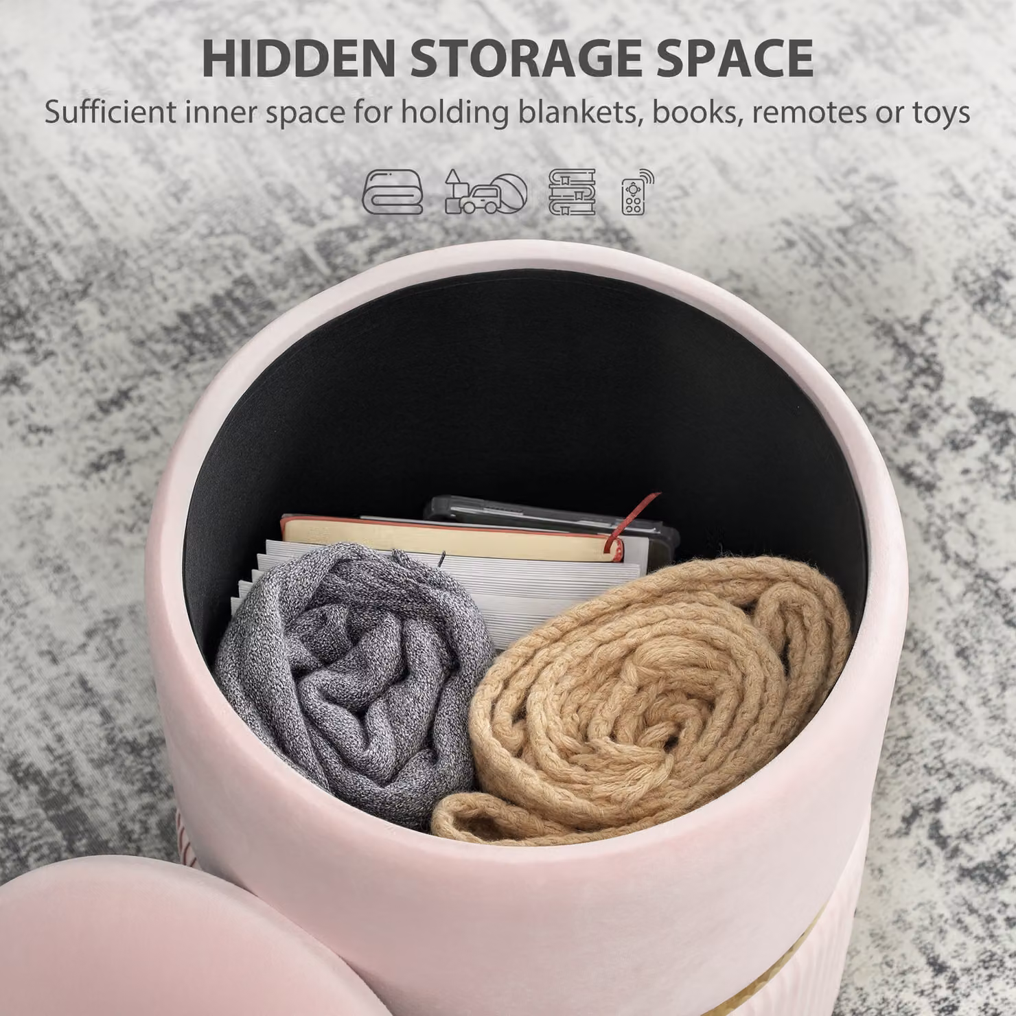 HOMCOM Pink Velvet Cylindrical Storage Ottoman – 2