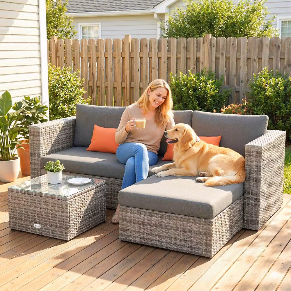 ERGOVEXA 3 Piece Grey L-Shape Outdoor Rattan Sofa Set with Upholstered Cushions and Coffee Table – 7