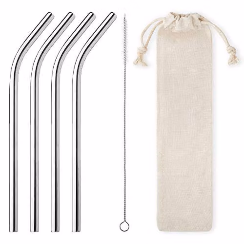 UltraByEasyPeasyStore Silver Stainless Steel Reusable Straw Set with 12 Curved 6mm Straws, 3 Cleaning Brushes and Travel Pouch – 2