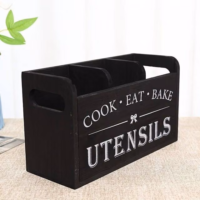 FLAVORA Black Wooden Freestanding Kitchen Cutlery Holder and Spoon Fork Storage Rack, Width: 50 cm – 1