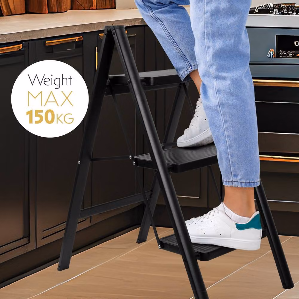 Futura 3 Step Ladder Compact Black Heavy-Duty Steel Folding Step Stool – 2