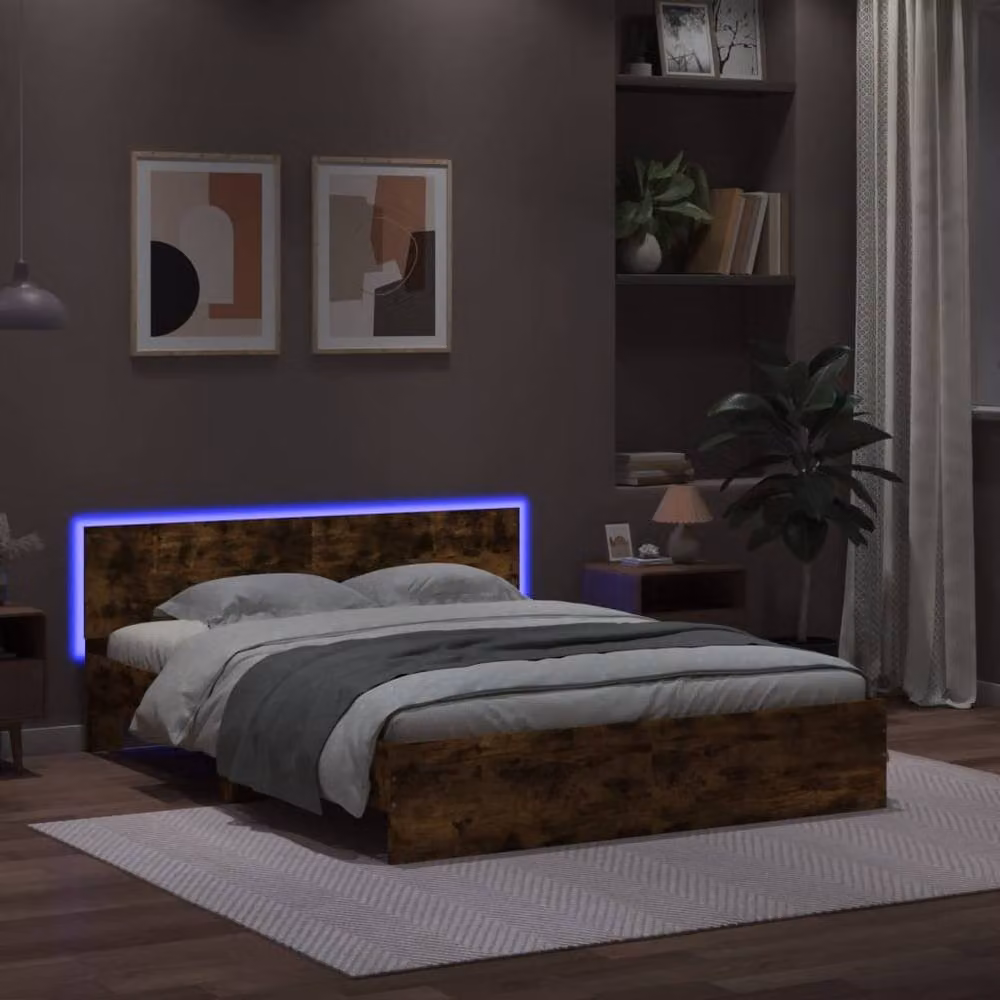 Berkfield Home Durable Bed Frame with Under-Bed LED Lighting in Smoked Oak Brown, W/D/H: 160 x 200 x 70 cm – 4