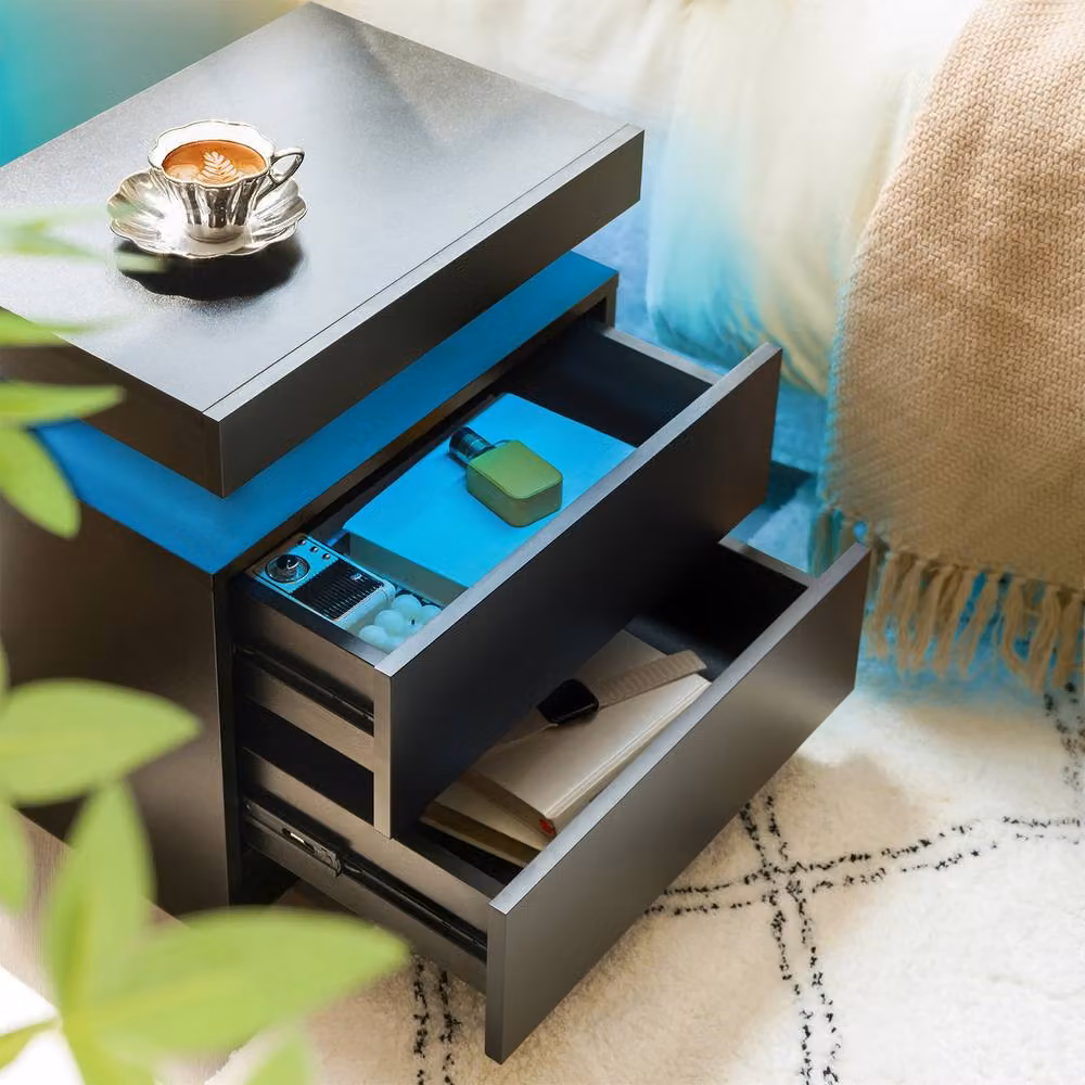Matteo Modern Black LED Bedside Table with 2 Drawers – 2