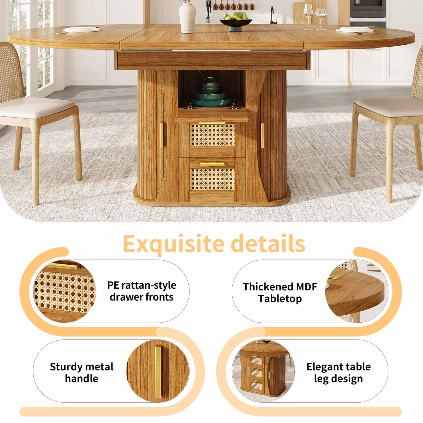 Aosom UK Extendable Brown Dining Table with Metal Frame and Rattan-Effect Pull-Out Drawers, W/D/H: 118 x 118 x 77 cm – 3