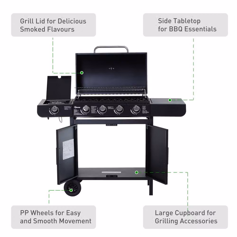 Rolipo 4+1 Burner Gas BBQ Grill Trolley with Cabinet and Side Burner in Black and Stainless Steel – 6