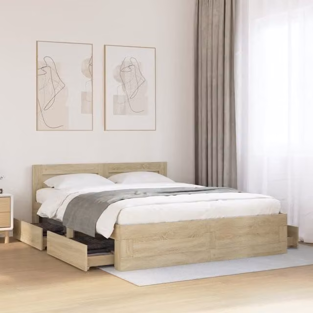 Berkfield Home Bed Frame with Headboard and Drawers in Sonoma Oak Brown, W/D/H: 160 x 200 cm – 1