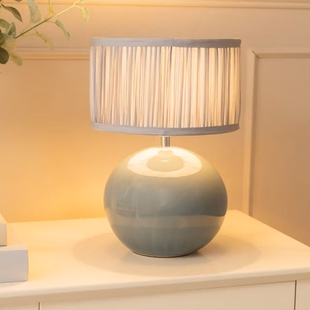 Bosco Eucalyptus Ceramic Table Lamp with Ruched Pleated Fabric Drum Shade in Blue