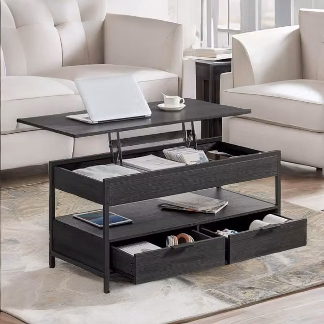 Pirlo Plush Industrial Lift Top Coffee Table with Drawers in Rustic Brown and Black