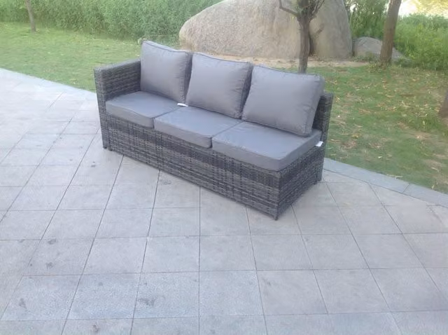 Fimous 3 Seater Rattan Garden Sofa with Left Side Armrest and Cushions in Dark Grey