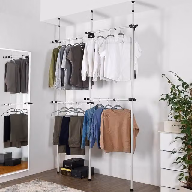 House of Home Telescopic Double Rail Clothes Wardrobe Organiser Hanging Rack in White – 1