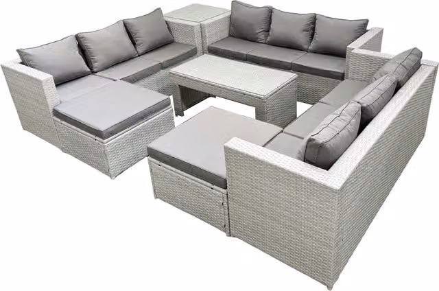Fimous 11 Seater Rattan Garden Furniture Set with Oblong Coffee Table, Side Table and 2 Ottomans in Light Grey – 1