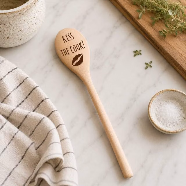 60 Second Makeover Kiss The Cook Funny Wooden Cooking Spoon in Beige