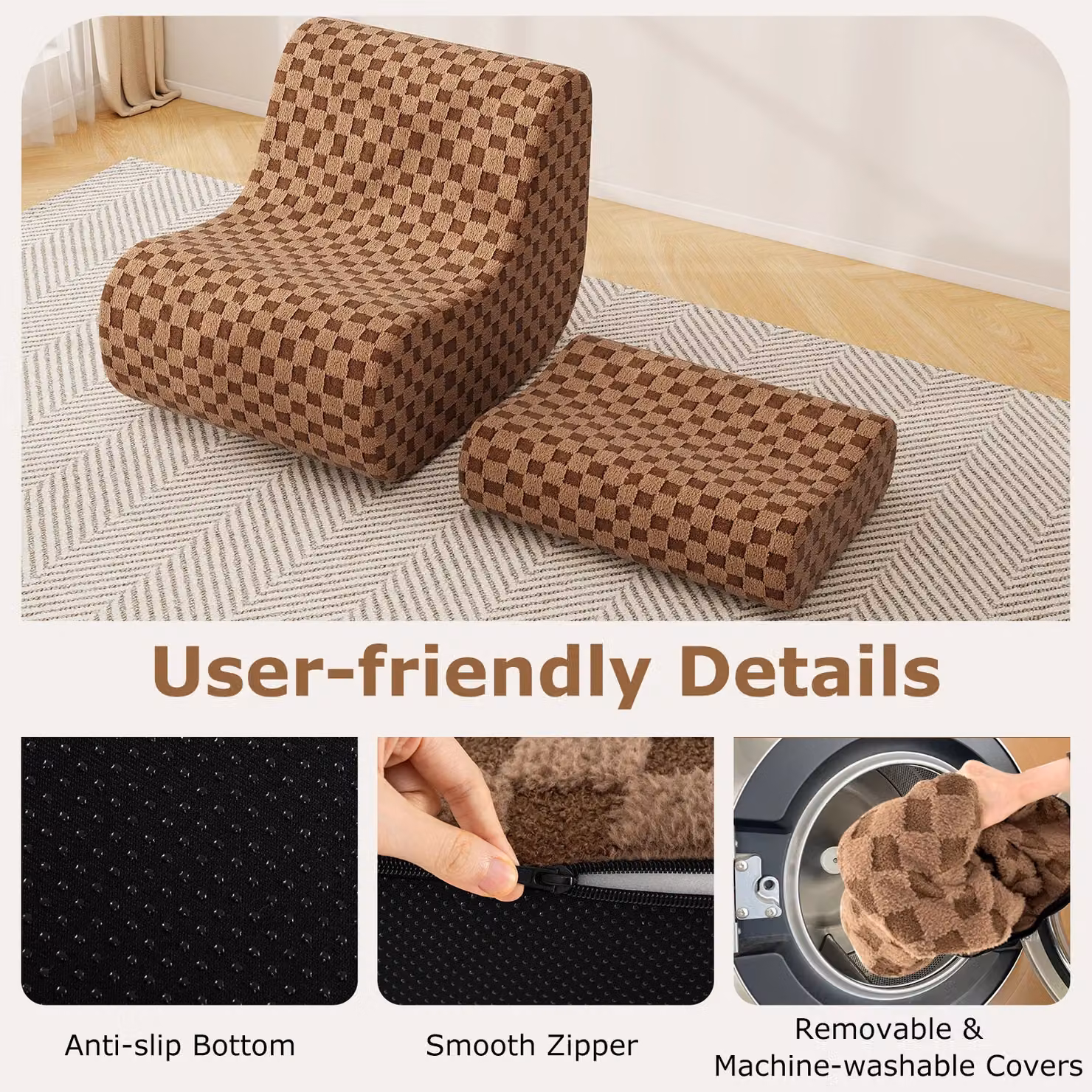Costway Accent Bean Bag Chair and Ottoman Lazy Sofa Set with Washable Cover in Brown – 8