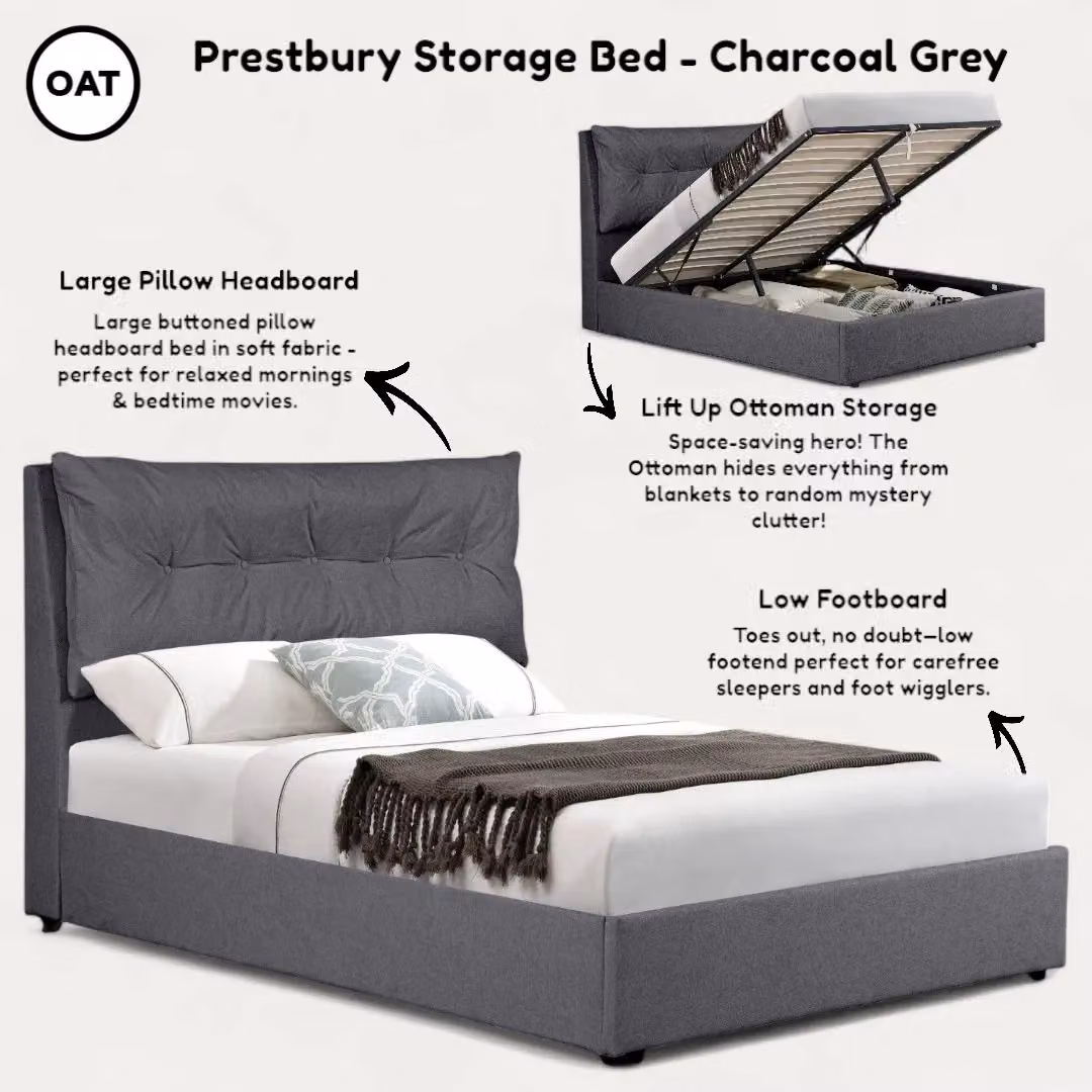 OAT Home Prestbury Upholstered Ottoman Storage Bed Frame with Pillow Headboard in Anthracite Grey, W/D/H: 140 x 200 x 145 cm – 8