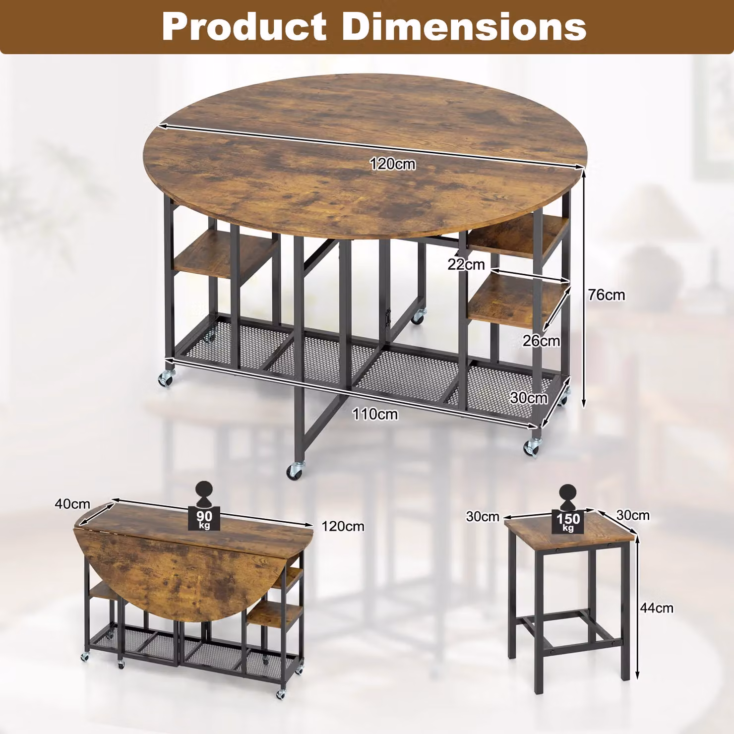 Gymax 3 Piece Round Folding Dining Table Set with Wheels in Light Brown – 2