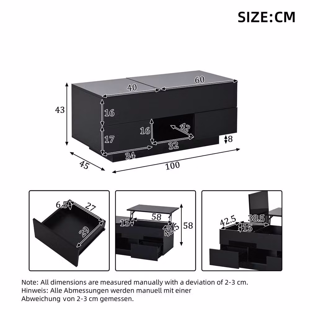 BTM High Gloss Black Lift Top Coffee Table with LED Drawers, W/D/H: 100 x 45 x 45 cm – 5