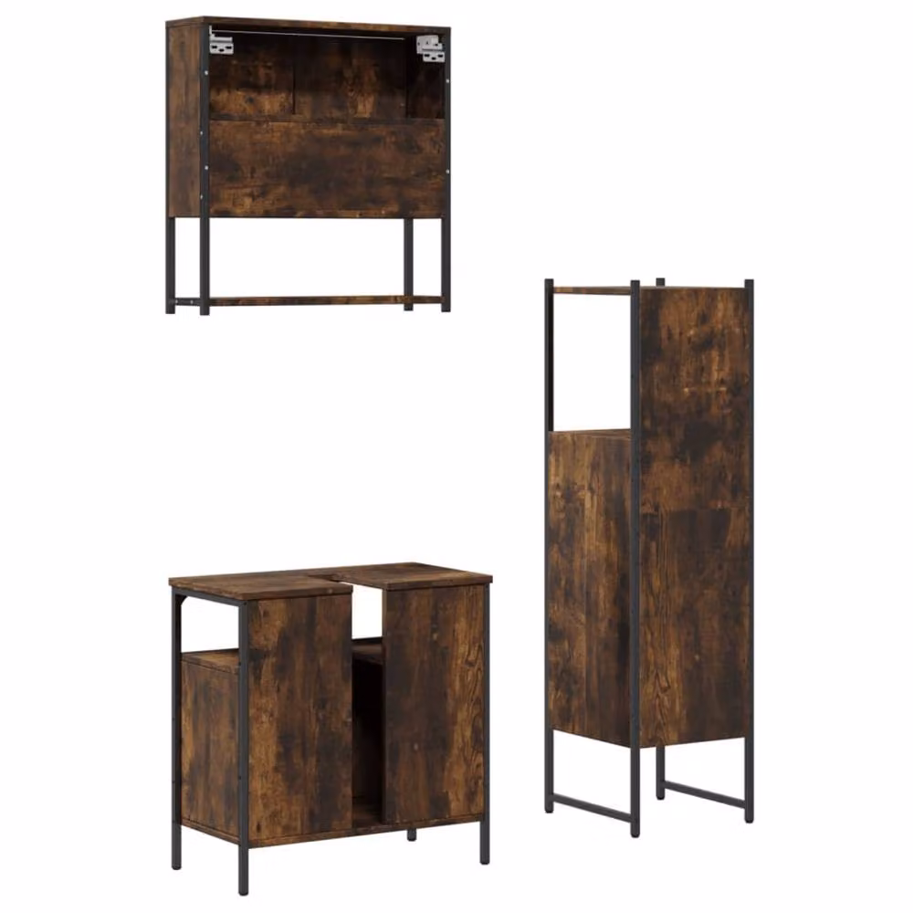 Berkfield Home 3 Piece Industrial Bathroom Furniture Set in Brown Smoked Oak with Mirror Cabinet, Vanity Unit and Tall Cabinet – 3