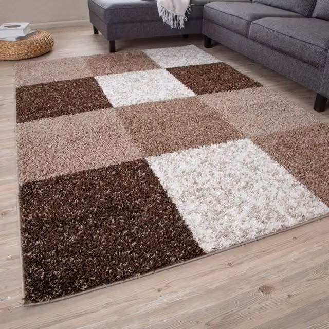THE RUGS Brown and Ivory Checked Modern Shaggy Area Rug, W: 240 cm, D: 340 cm