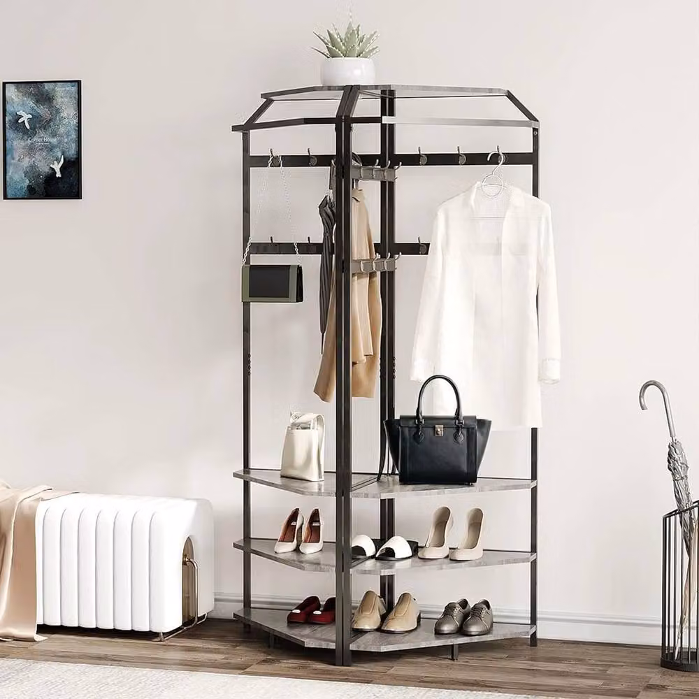 FORGEVIO Industrial Space Saving Corner Hall Tree with Shoe Bench and Coat Rack in Grey – 5