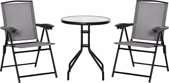 Outsunny 3 Piece Bistro Set with 2 Folding Chairs and Round Tempered Glass Table in Grey