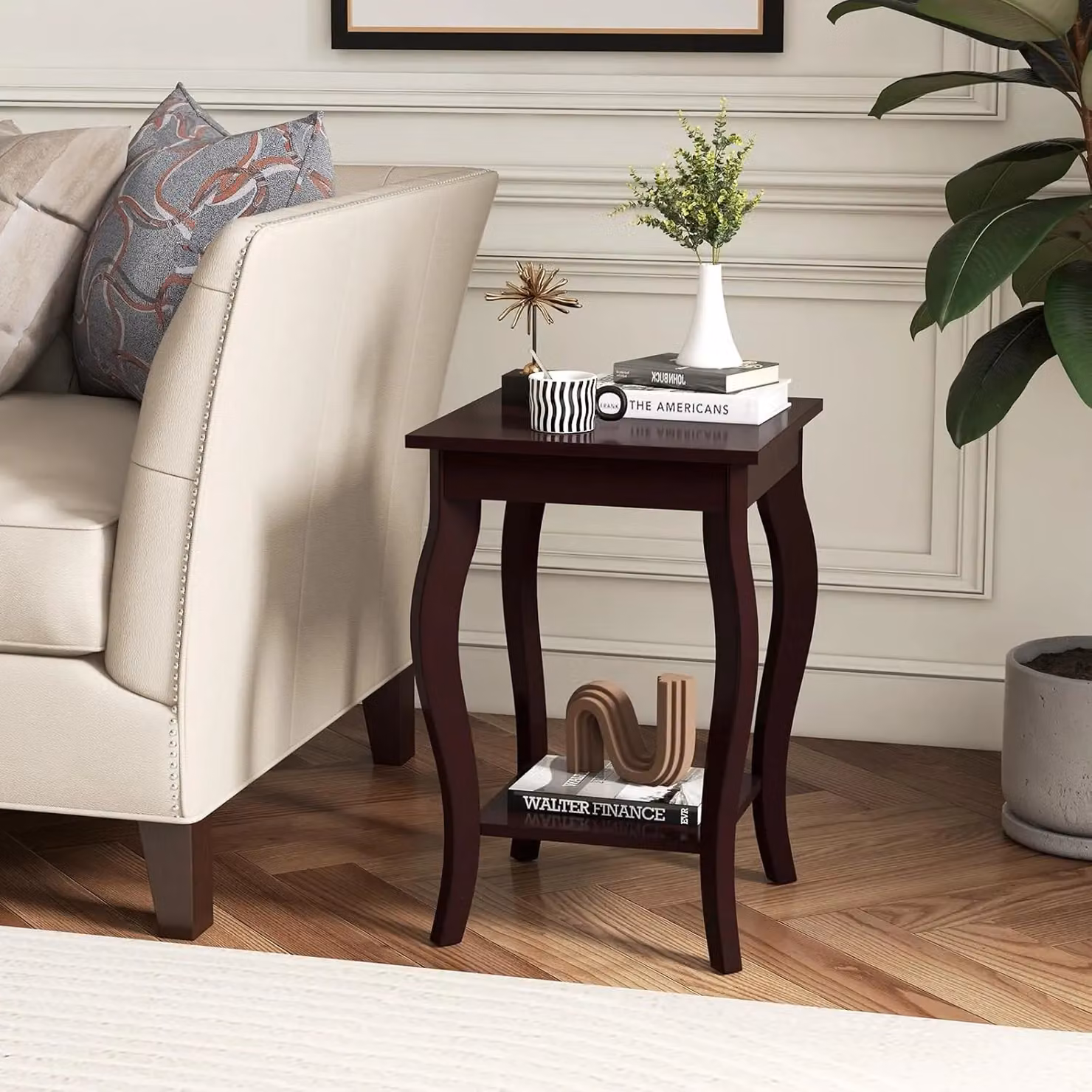 Gymax Set of 2 Modern 2-Tier Square Accent End Tables with Curved Legs in Brown – 2