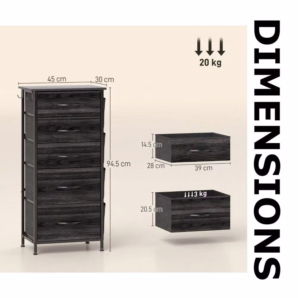 FURNOS Industrial 5 Fabric Drawer Chest Storage Unit in Black – 6