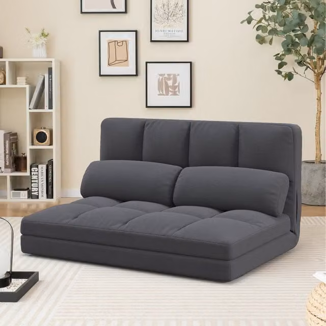Costway Grey Velvet Floor Sofa Bed with 2 Pillows and Foam Padding
