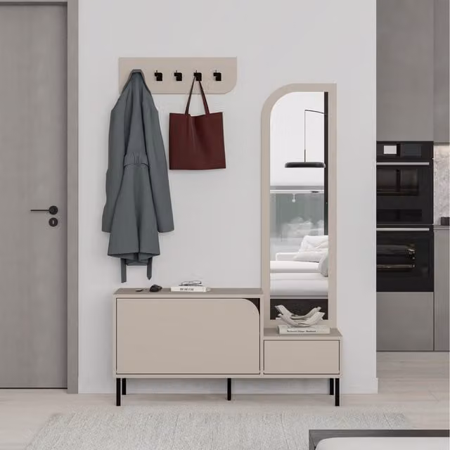Decortie Mila Coat Stand Set with Full-Length Mirror and 2-Door Shoe Cabinet in Sandstone Beige, H 172 x W 112 x D 37 cm – 1