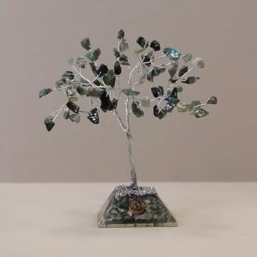 KDMD Moss Agate Gemstone Tree with Organite Pyramid Base in Green