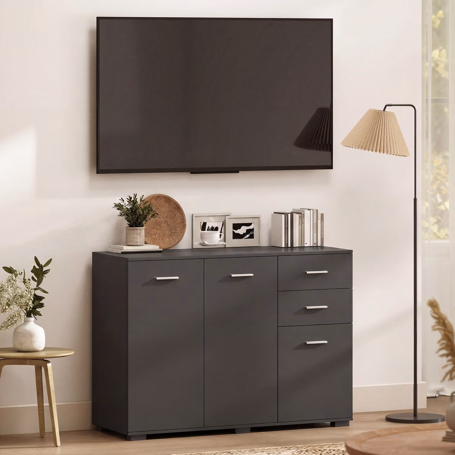 HOMCOM Modern Black Sideboard Storage Cabinet with 2 Drawers, 3 Doors and Adjustable Shelves – 6