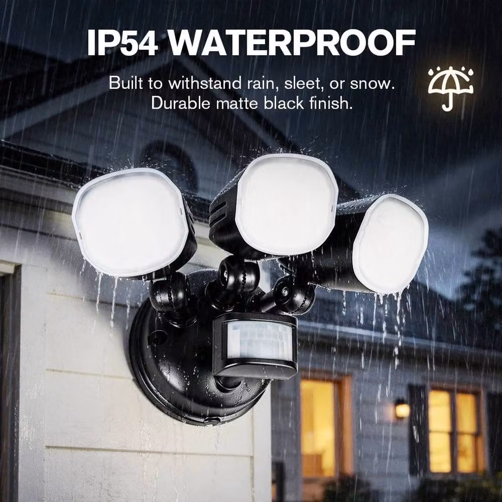 NESTLUNE 3-Head LED PIR Motion Sensor Outdoor Floodlight in Black – 6