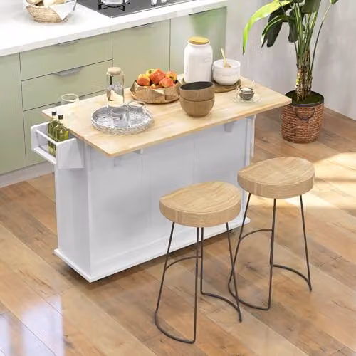 HOMCOM Kitchen Island with Drop Leaf and 3 Drawers, White with Rubberwood Top, W/D/H: 115 x 40 x 91.5 cm – 2
