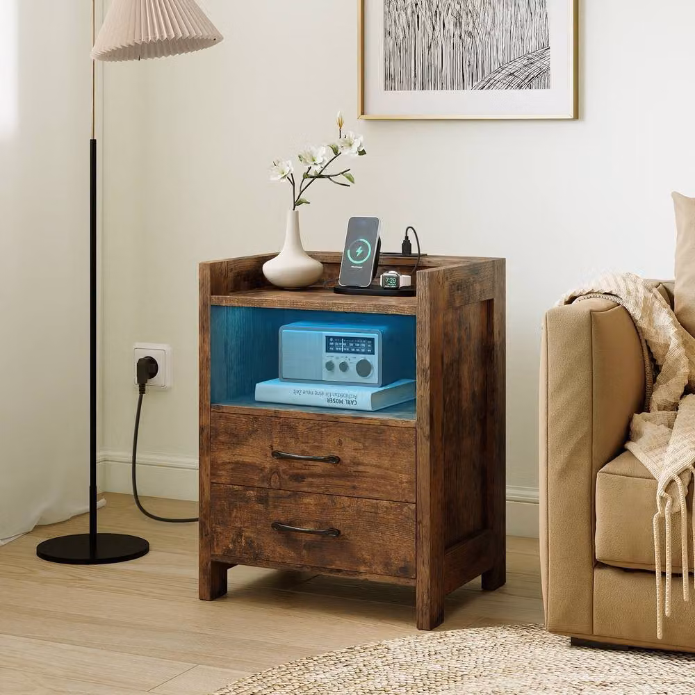 Gymax Modern Brown Nightstand with Integrated LED Lighting and Power Outlets – 8