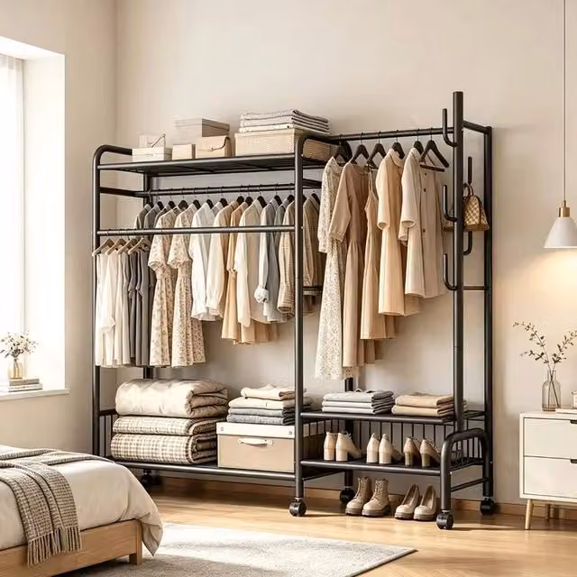 FORGEVIO Black Metal Clothing Rack and Open Wardrobe Garment Storage Stand