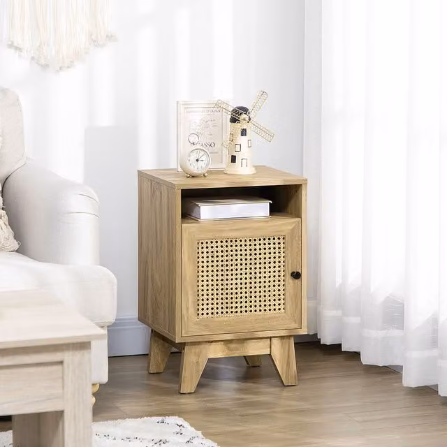 HOMCOM Rattan Bedside Table with Shelf and Cabinet in Natural Beige – 1