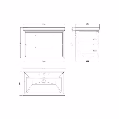 Balterley Longnor Wall Hung 2 Drawer Bathroom Vanity Unit with Rectangular Basin in Antique Oak Brown W/D/H: 83 x 47.1 x 60.6 cm – 2