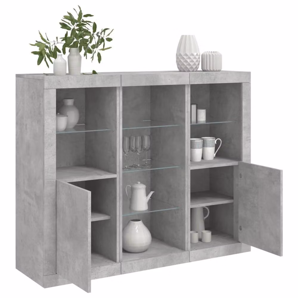 Berkfield Home 3-Piece Sideboard Set with LED Lights in Concrete Grey Engineered Wood, W/D/H: 123 x 37 x 100 cm – 2