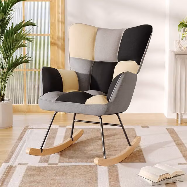 Livingandhome Boho Tufted Patchwork Upholstered Rocking Chair with Armrests in Multicoloured Grey Cotton and Linen Fabric with Metal Frame
