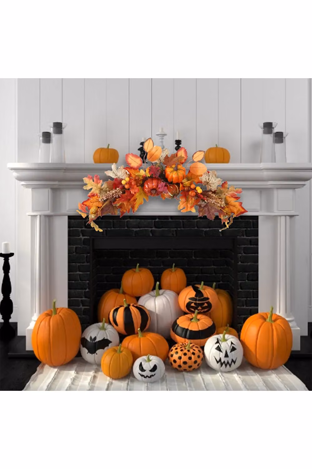 Living and Home Orange Artificial Autumn Swag with Maple Leaves, Berries, Pumpkins and Lights for Halloween and Thanksgiving Decor, 60 cm – 3